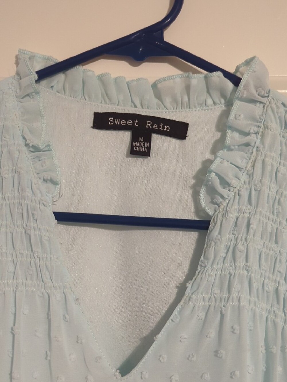 Sweet Rain Pale Blue Ruffle-Trim Swiss Dot V-Neck Top - Picture 2 of 5